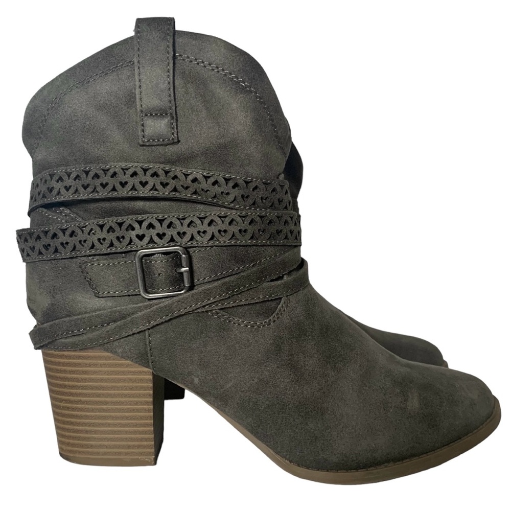 SO ElmGrey Heeled Ankle Boots Booties Wraparound Strap with Buckle Womens 9.5